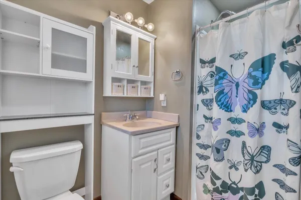 a bathroom with a sink a toilet and shower curtain