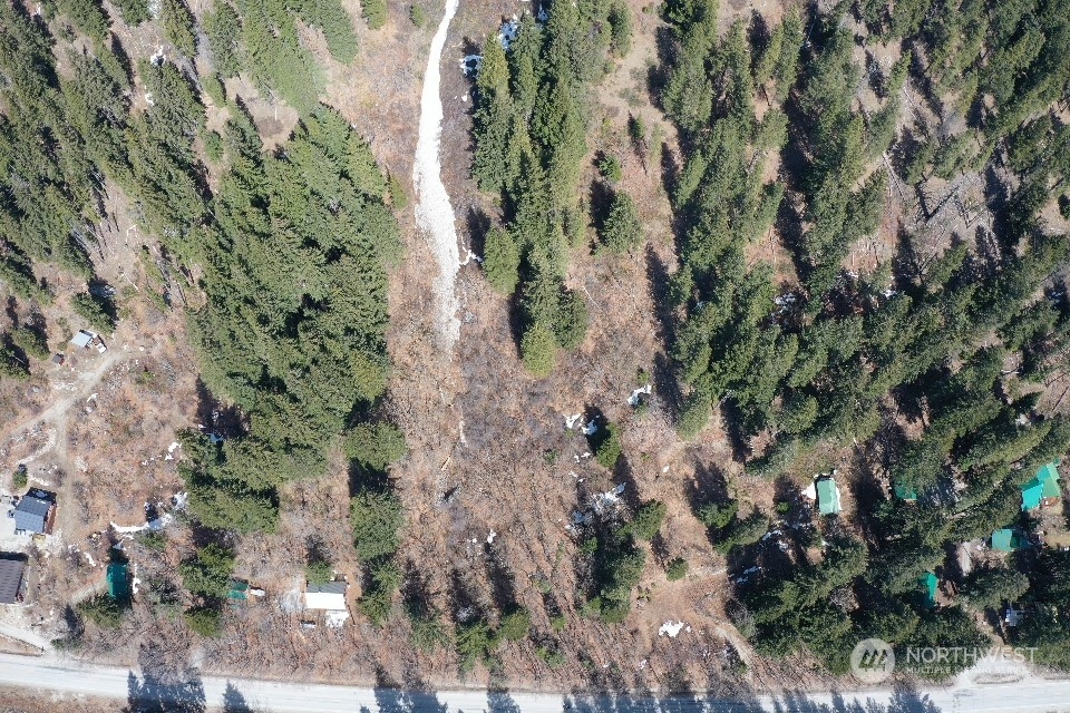 an aerial view of a houses with trees