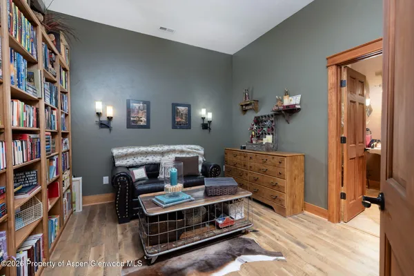 a living room with furniture and a book shelf