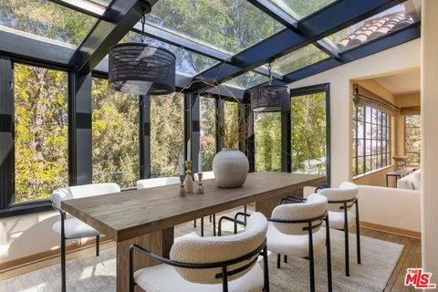 a view of a dining room with furniture window and outside view
