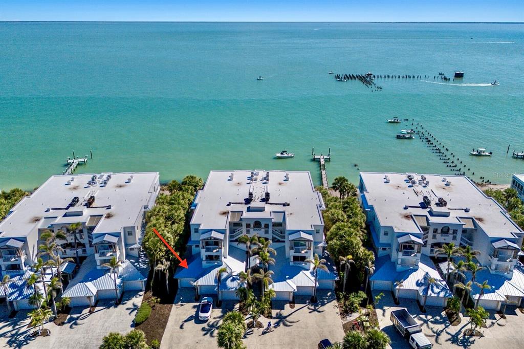 an aerial view of a building with outdoor space