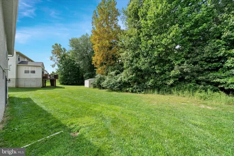 a view of a green field with plants in front of house