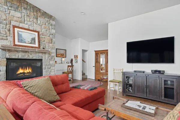 a living room with furniture and a fireplace