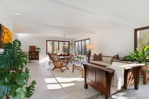 a view of a livingroom with furniture and a potted plant