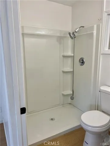 a bathroom with a shower and a toilet
