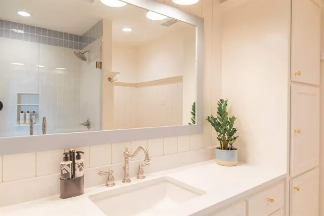 a bathroom with a sink a potted plant and a mirror