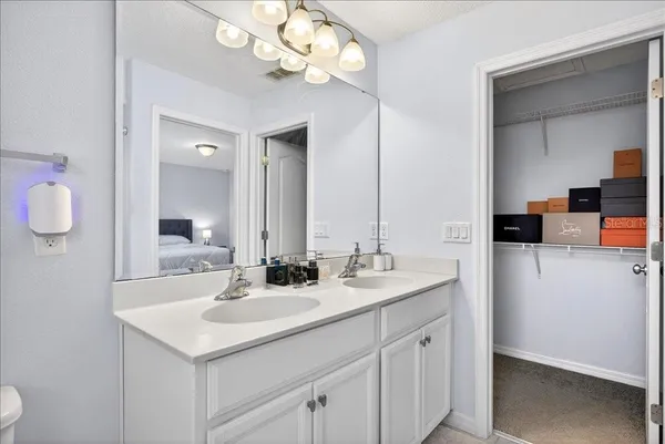 a bathroom with a sink a vanity and mirror