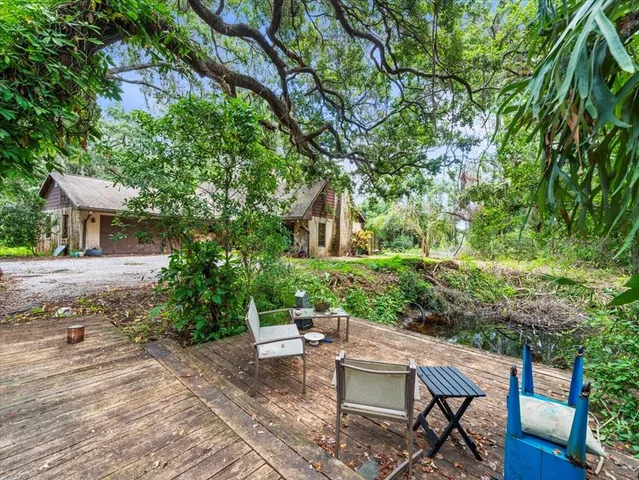 a view of a patio with table and chairs and potted plants with large tree
