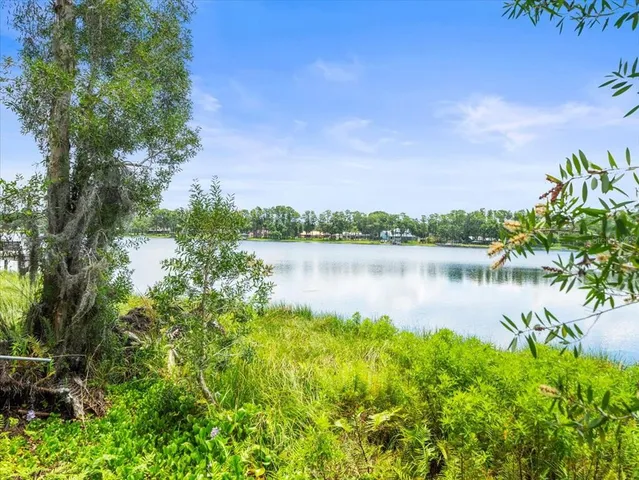 a view of a lake with houses in the back