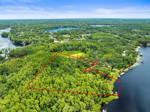 an aerial view of residential houses with outdoor space and trees