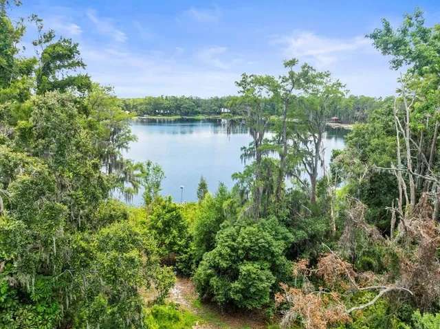 an aerial view of residential house with outdoor space and trees all around