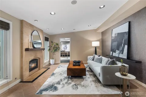 a workspace with furniture and a rug