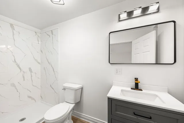 a bathroom with a toilet a sink and mirror