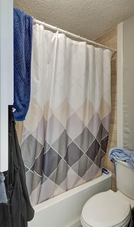 a white toilet sitting next to a shower curtain
