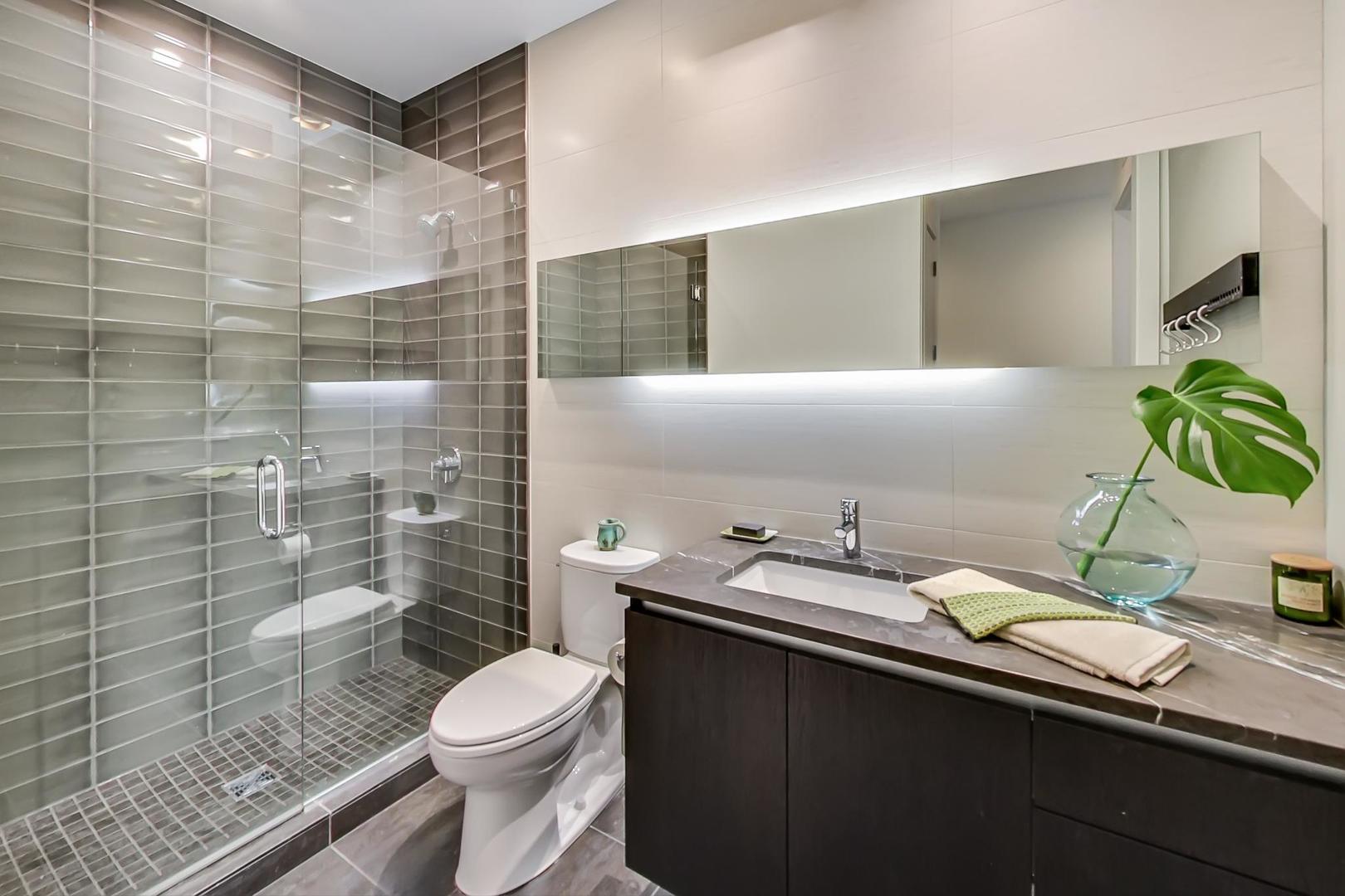 28 North Carpenter Street, Unit PHN Chicago, IL 60607 - Photo 11 of 14 a bathroom with a granite countertop sink a toilet and shower