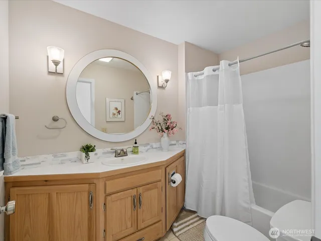 a bathroom with a sink vanity mirror and toilet