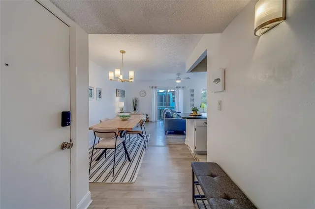 a view of a dining room with furniture