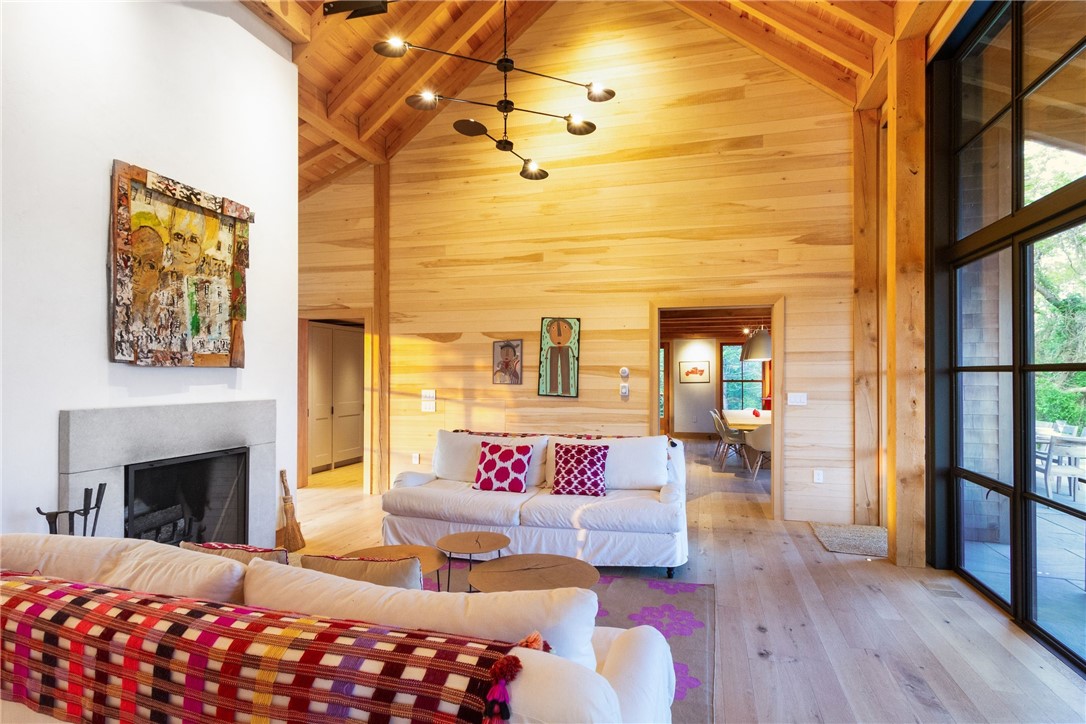 1776 Corn Neck Road Block Island, RI 02807 - Photo 7 of 49 Living Room - Main House - Post & Beam Hemlock Timbers - Pine Whitewashed Paneling - Custom Lighting