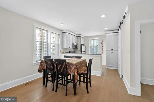 a view of a dining room with furniture and wooden floor