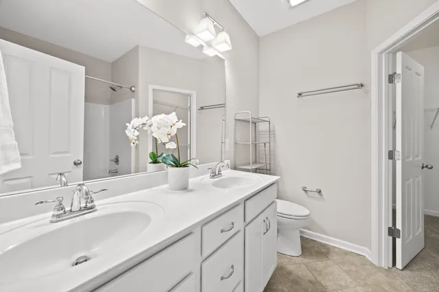 a bathroom with a double vanity sink mirror and toilet