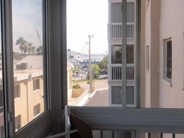 a view of a dining room with a window