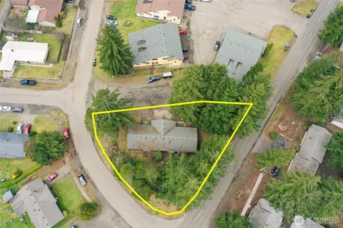 an aerial view of a swimming pool