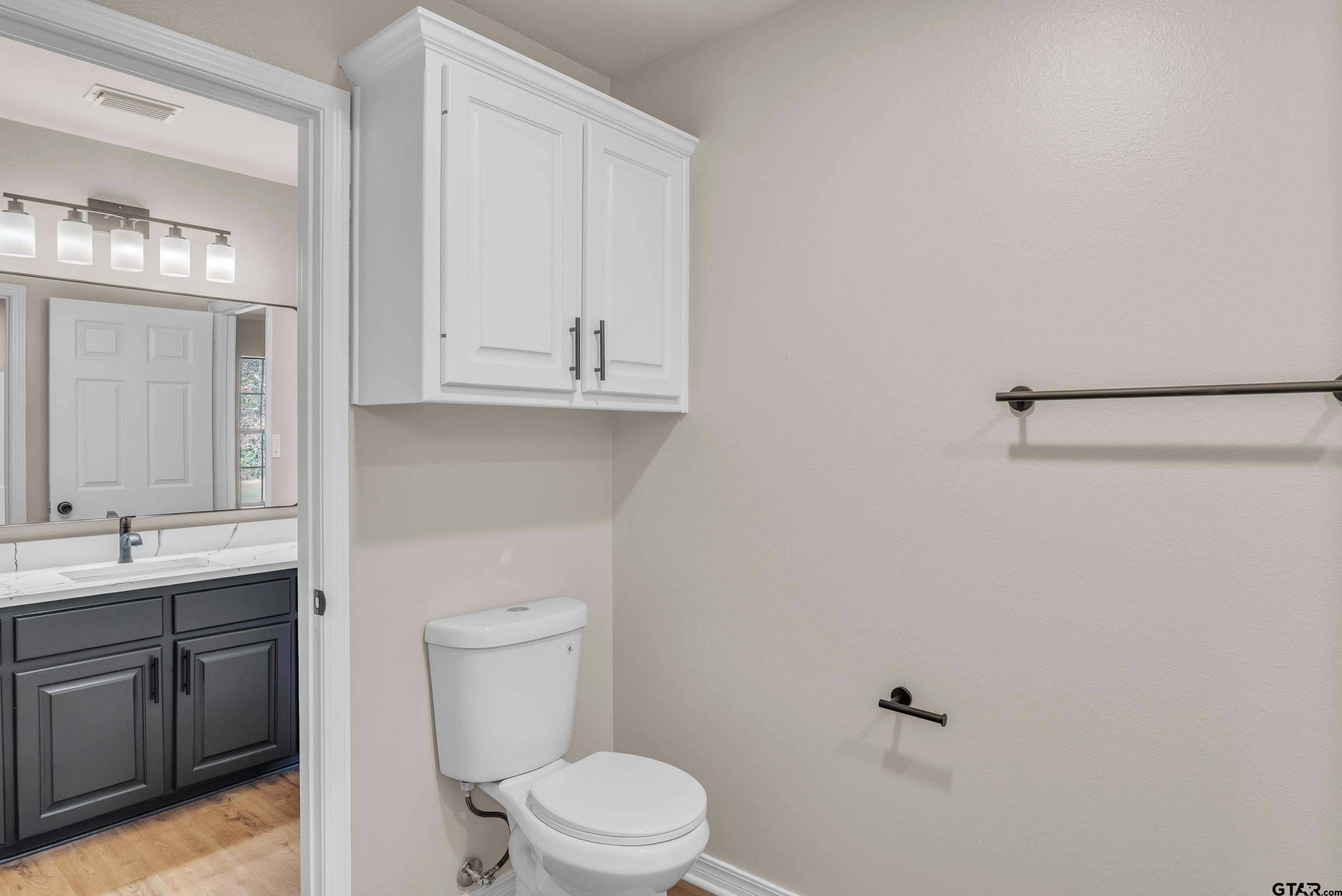 7589 Weeping Willow Road Big Sandy, TX 75755 - Photo 31 of 48 a bathroom with a toilet a sink a vanity and mirror