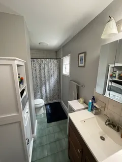a bathroom with a sink a toilet a mirror and shower