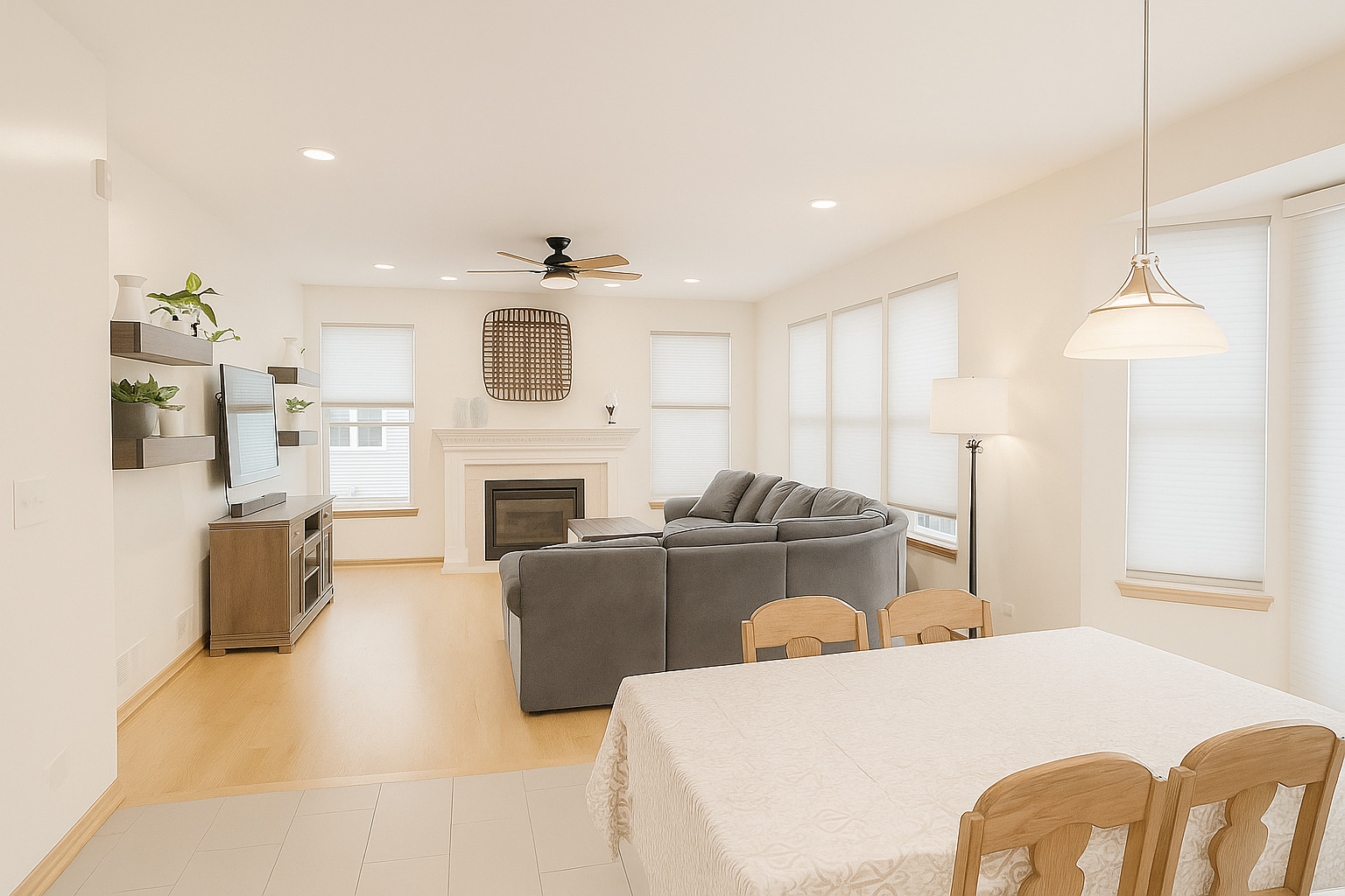 246 West Winding Trail Circle Round Lake, IL 60073 - Photo 2 of 26 a living room with furniture a fireplace and a chandelier