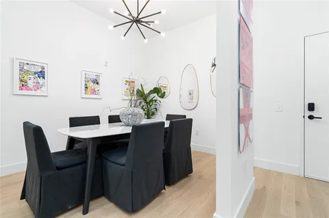 a view of a dining room with furniture