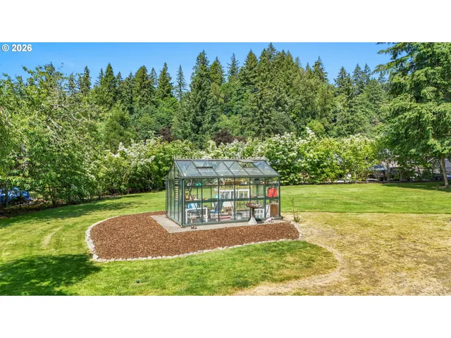 a view of a garden with a slide