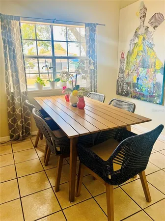 a view of a dining room with furniture and a window and outside view