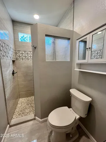 a bathroom with a toilet and a shower