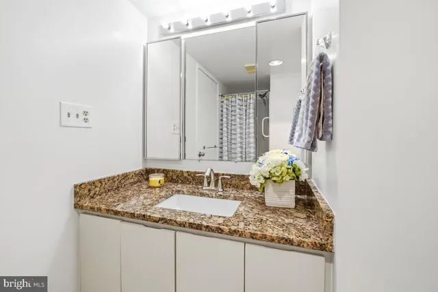 a bathroom with a shower and a sink