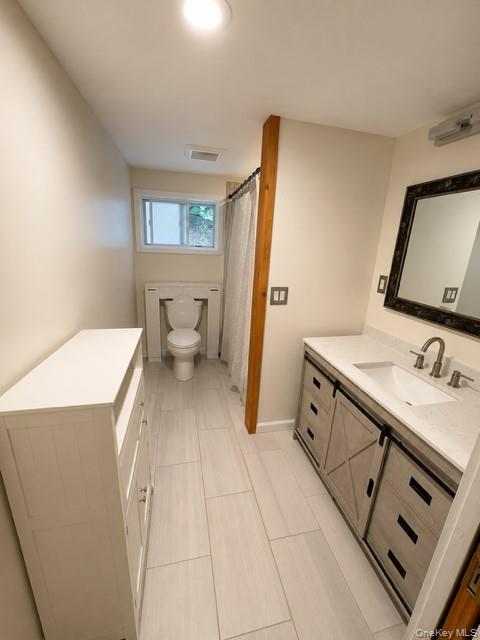68 Whitford Road Westtown, NY 10998 - Photo 38 of 39 Contemporary bathroom featuring a light wood-finish vanity with barn-style sliding doors, a rectangular sink, and a single-handle faucet