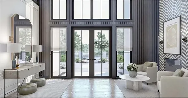 a view of dining room with wooden floor