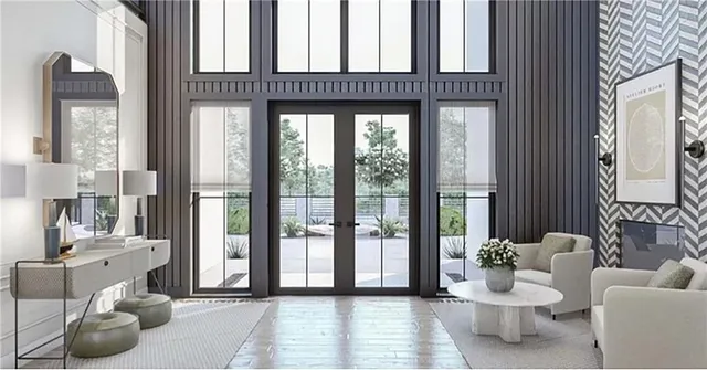 a view of dining room with wooden floor