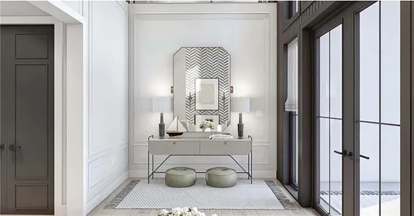 a living room with fireplace furniture and a large window