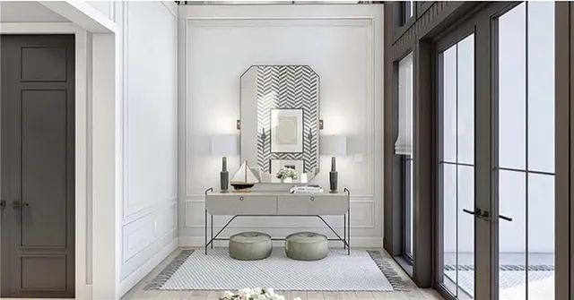 a living room with fireplace furniture and a large window