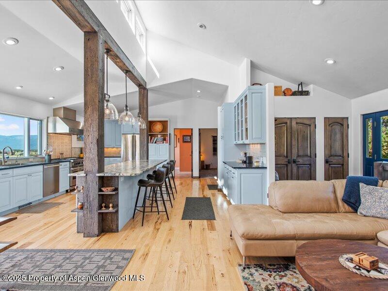 4100 County Road 103 Carbondale, CO 81623 - Photo 21 of 43 a living room with stainless steel appliances kitchen island granite countertop furniture and a rug