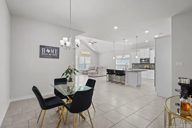 a view of a dining room with furniture