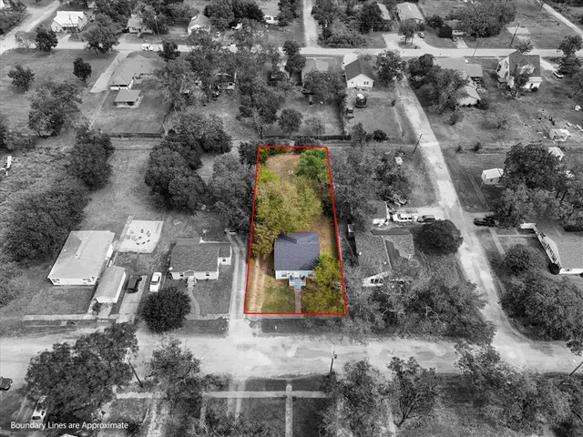 an aerial view of a house with a yard and large trees