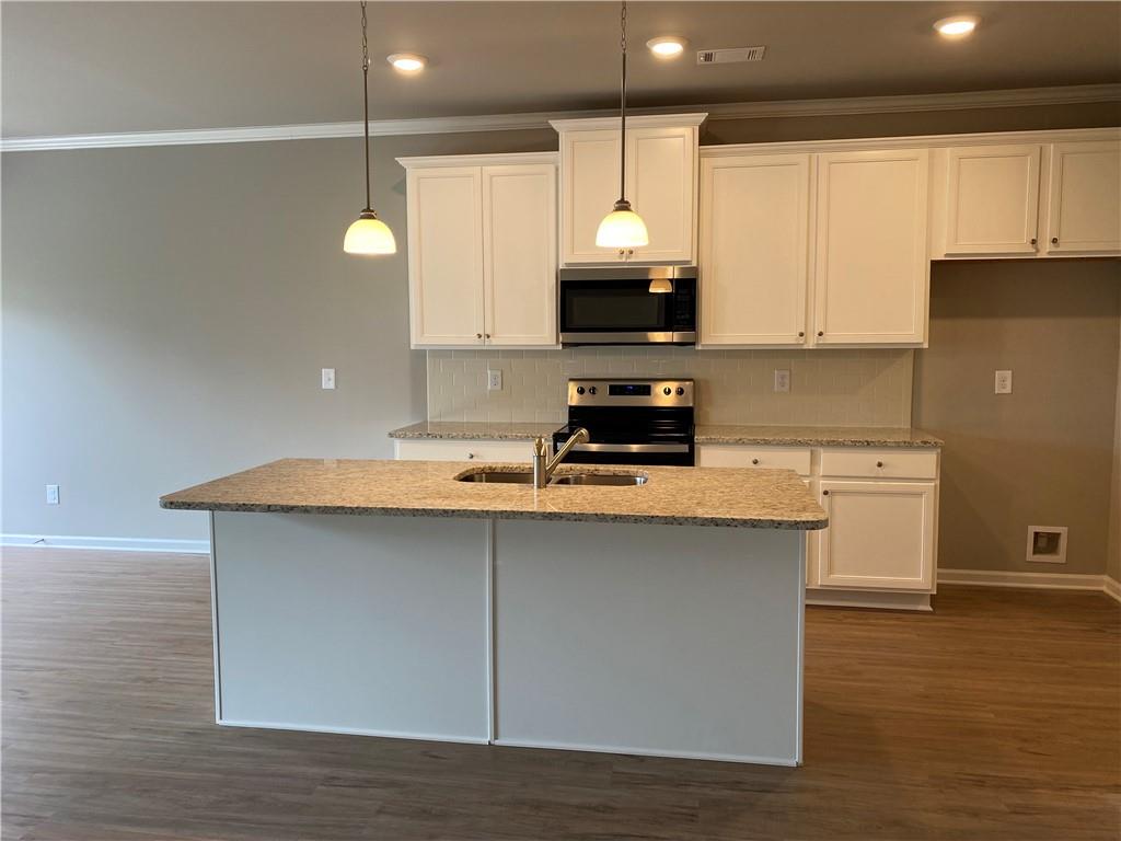 5282 Fox Den Road Oakwood, GA 30566 - Photo 9 of 14 a kitchen with stainless steel appliances a sink stove and white cabinets with wooden floor