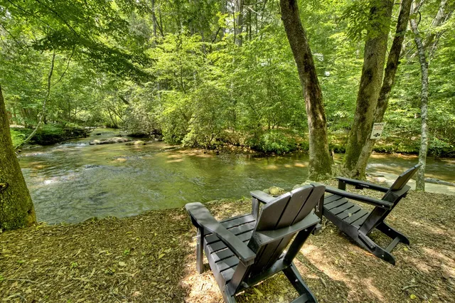 a view of a lake with a bench and trees