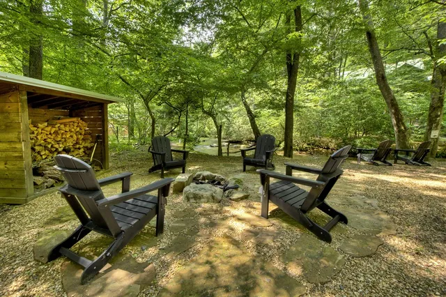 a view of a backyard with sitting area