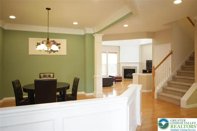 a view of a dining room with furniture