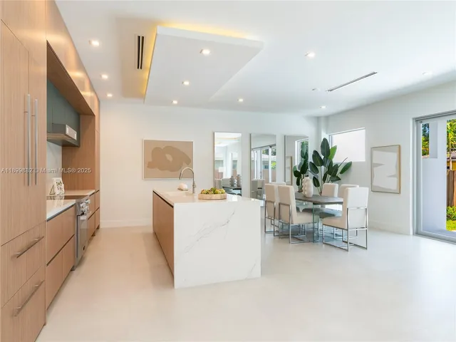 a large white kitchen with stainless steel appliances kitchen island a large counter top a fireplace and a potted plant
