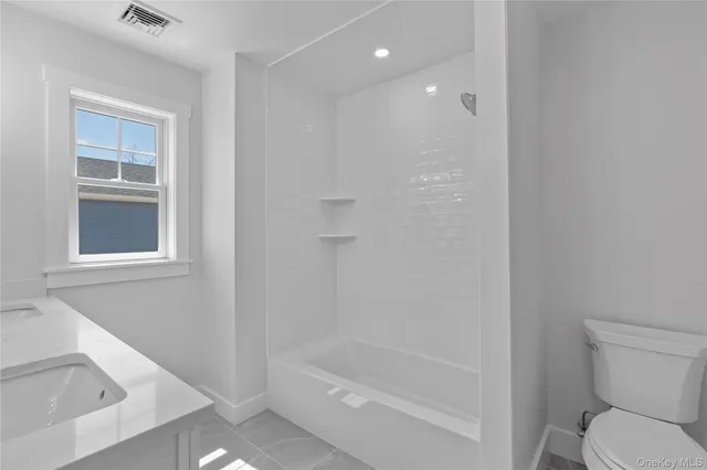 a bathroom with a bathtub and a toilet