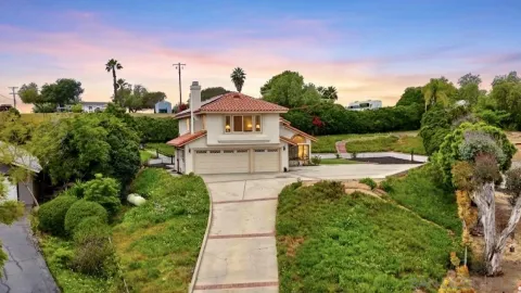 a view of a house with a yard and potted plants