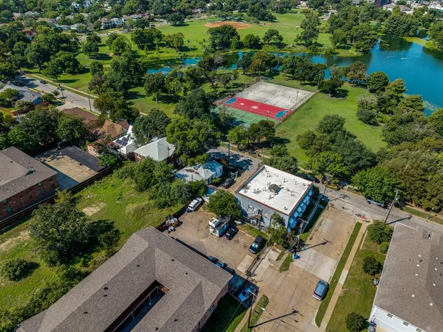 an aerial view of a house with a garden